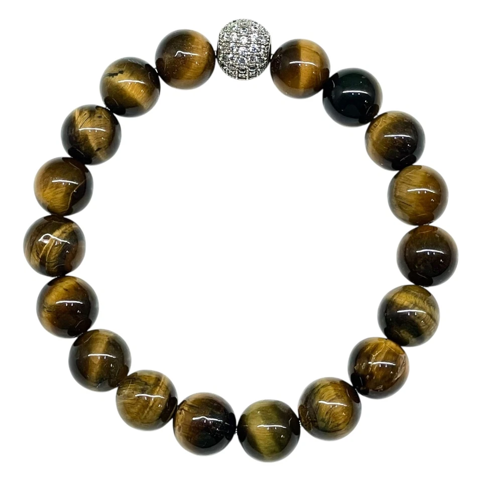 Handgemachte Stretcharmband 10Mm Natürliche Tigerauge Perlen & Cz Disco Ball - Bild 4 von 4