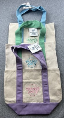 Set Of 3 Trader Joe s Mini Pastel Canvas Tote Bag Purple,Green and Blue 2026 NWT