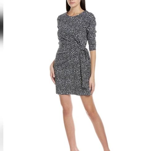 VETEMENTS Abito Duffield Lane Louisa nuovo senza etichette taglia XS grigio leopardato cravatta laterale cambio H23