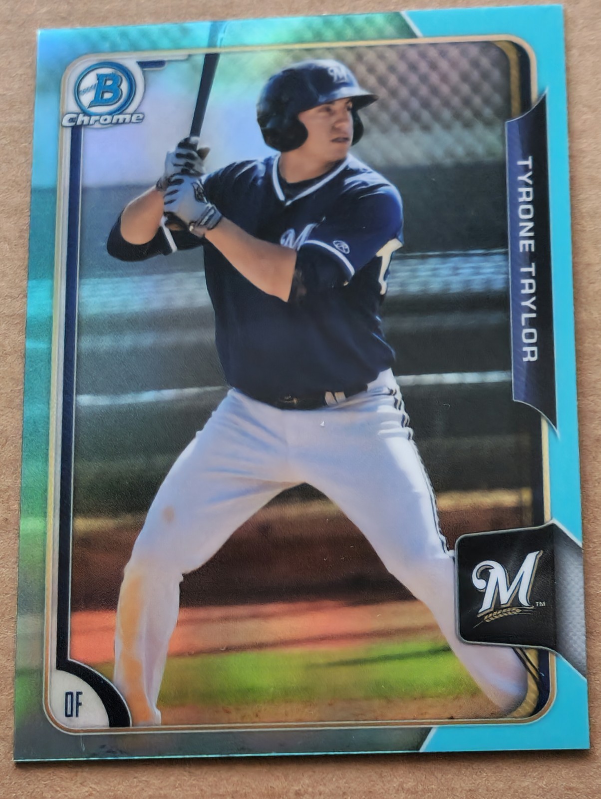 2015 Bowman Chrome Sky Blue Refractor #135 Tyrone Taylor Milwaukee Brewers 