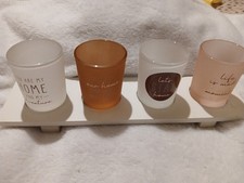 Set of 4 Glass Tea Light Holders with Wooden Tray, Quote Text Design