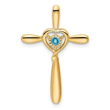 14k Yellow Gold December/Blue Topaz Cross with Heart Chain Slide Pendant 1.26gm