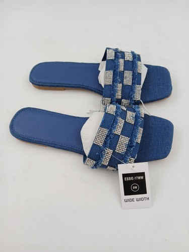 Essie Sandal Shoes Womens Size 9W Denim Rhinestone Checker Slide Wide Width New - Picture 3 of 7