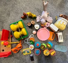 Vintage Fisher Price Baby Toddler Toy Lot Rattle Honey Bear Stacking Dumbbell