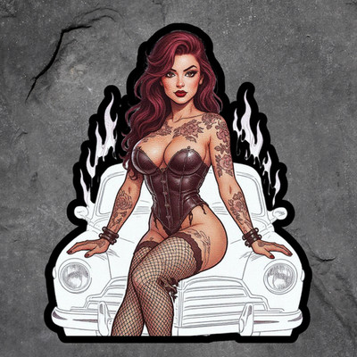 Pinup girl sticker vinyl decal redhead tattoo fishnets corset hot rod car 