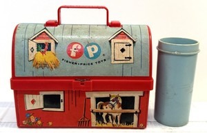 Vintage FISHER-PRICE Mini TOY LUNCH KIT #549 Barn Lunchbox w/ Thermos 1962