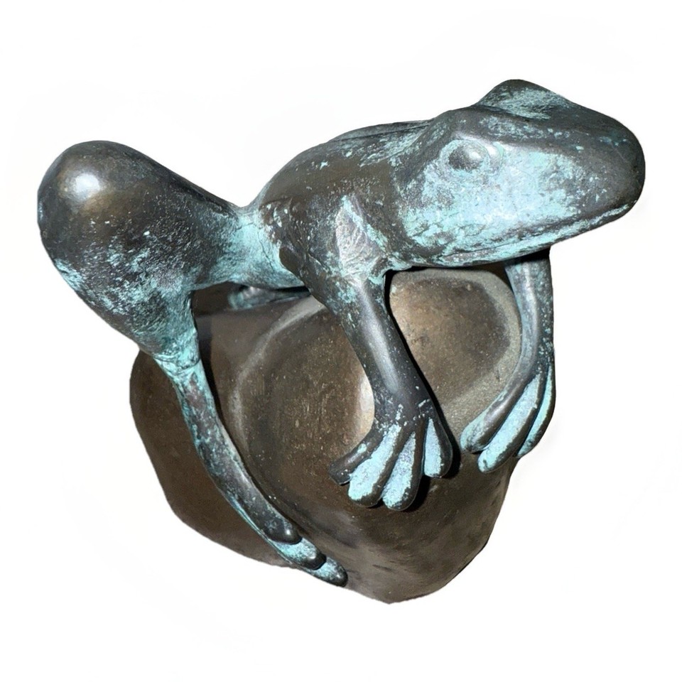 Vintage Bronze Patina Brass Tree Frog on Rock Statue Sculpture Figurine ...