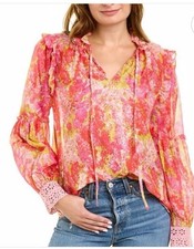 LoveShackFancy Ronalda Swaying Coral Women's Floral Printed Blouse Tunic Top S