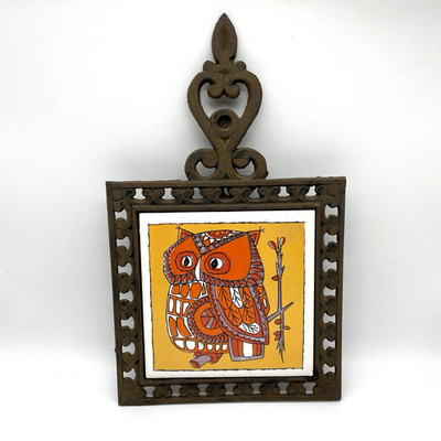 MCM Seven Star Owl Tile Trivet Ceramic Cast Iron Vtg Decor 1970s Kitschy