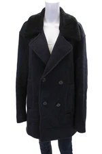 Vince Womens Wool Shearling Collar Double Breasted Overcoat Blue Size XL