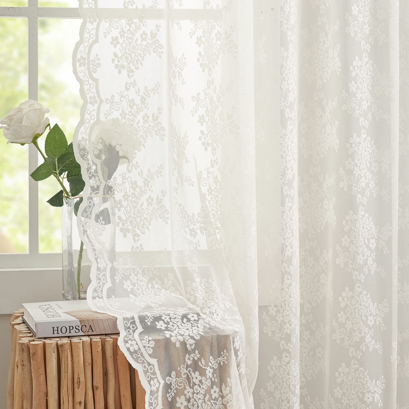 Vintage Lace Curtains 84 Inches Long-Romantic Flowers and Branch Sheer Lacy C...