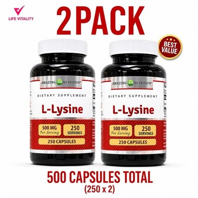 L-Lysine 500mg 500 Capsules 2 PACK Inmune Support Skin Lip Health Supplement