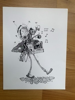 Street Organ Grinder & Monkey   Wall Art Print   Hand-Drawn Illustrati