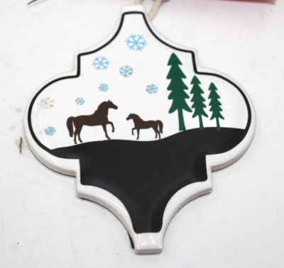 Horse Mare & Foal Christmas Ornament Barn Gift Porcelain Tile 4'' Fancy Holiday