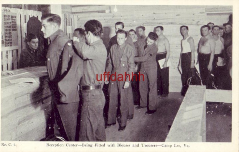 RECEPTION CENTER - BEING FITTED WITH BLOUSES AND TROUSERS, CAMP LEE, VA.