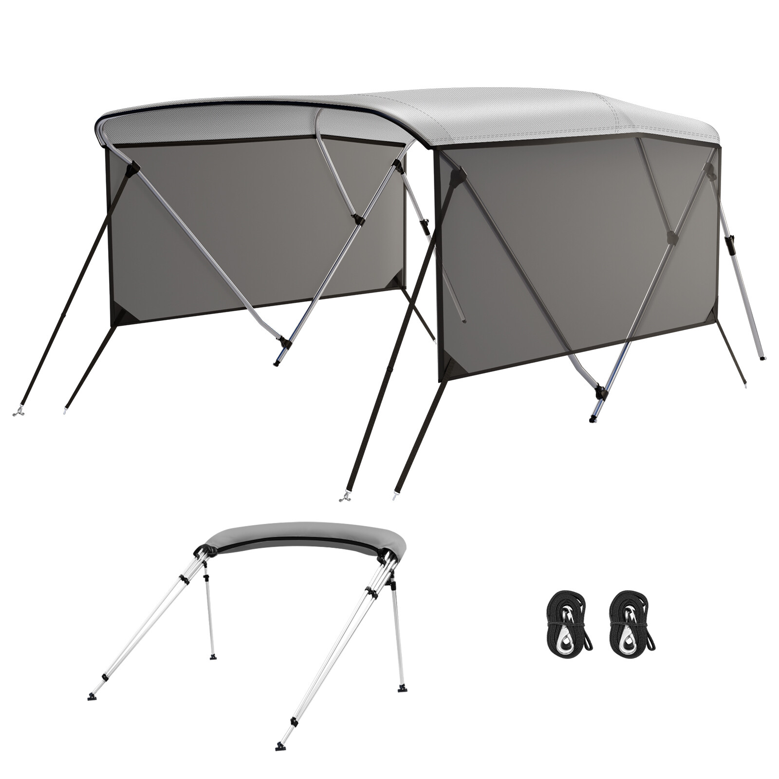 3 Bow Bimini Tops Boats Cover Awning with Removable Mesh Sidewalls Support Poles