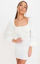WHITE WOVEN BALLOON SLEEVE SHIFT DRESS SIZE 8