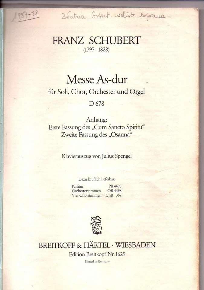 Partition piano 4 voix et choeur - Messe en la bémol majeur N°5 de Schubert - Photo 2/4