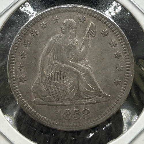 1858 Seated Liberty Quarter Dollar - Super Attractive AU Devices! [125LAj