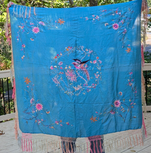 VTG CHINESE SILK PIANO SHAWL SCARF EMBROIDERED BIRDS FLORAL FRINGED BLUE PINK