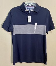 Men's TOMMY HILFIGER Short Sleeve Soft Polo Navy Gray Stripe Classic Small S NWT