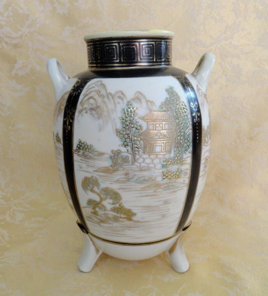 Antique Nippon Chikusa Moriage Hand Painted Footed Vase Pavilion Country Scene - Image 2 of 4