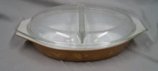 Vintage PYREX  Early American Eagle Brown/Gold 1 1/2 qt Divided Dish w/Lid