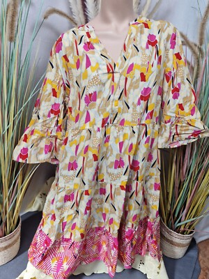 Aniston CASUAL Kleid Mehrfarbig Bedruckt 3/4 Arm V-Ausschnitt Damen-Gr. 42/44/48
