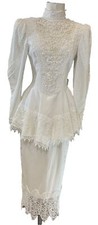 Vtg Jessica McClintock Gunne Sax High Neck White Lace Pencil Skirt Bow Dress 4