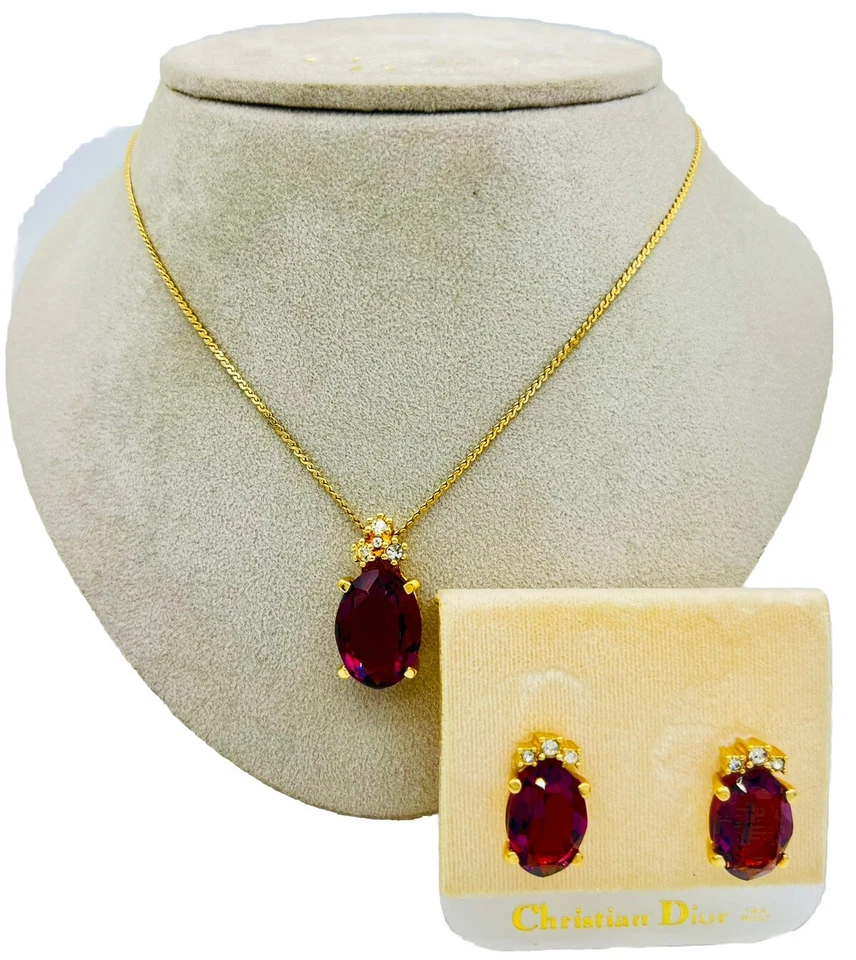 Vintage DIOR Schmuck Set Kunstamethyst Kristall Vergoldet Kette,Mit Ohrstecker.