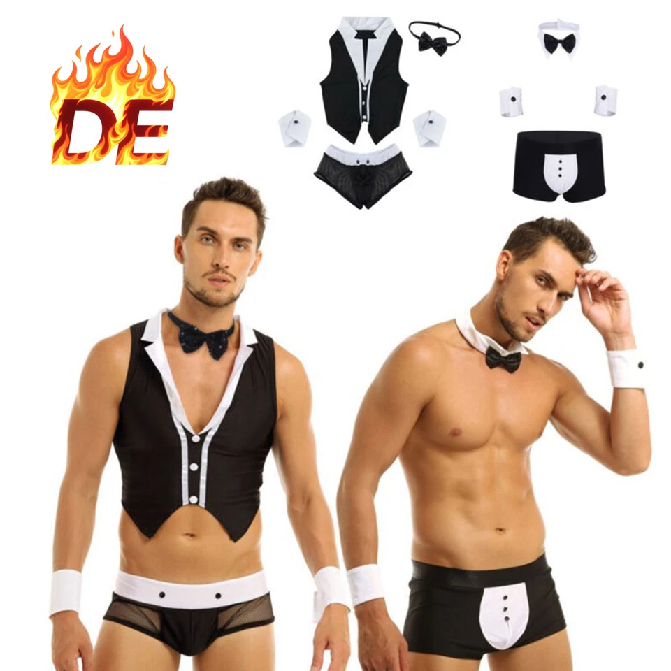 CHICTRY DE Herren Kellner Outfit Erotik Dessous Sets 3Psc Karneval Fasching Clubwear