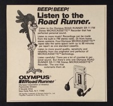 1982 Olympus SR11 Road Runner Microcassette Stereo vintage print Ad