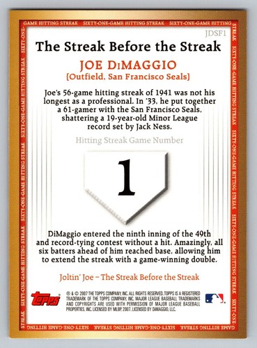 2007 Topps - The Streak before the Streak Joe DiMaggio #JDSF58 - Picture 2 of 2