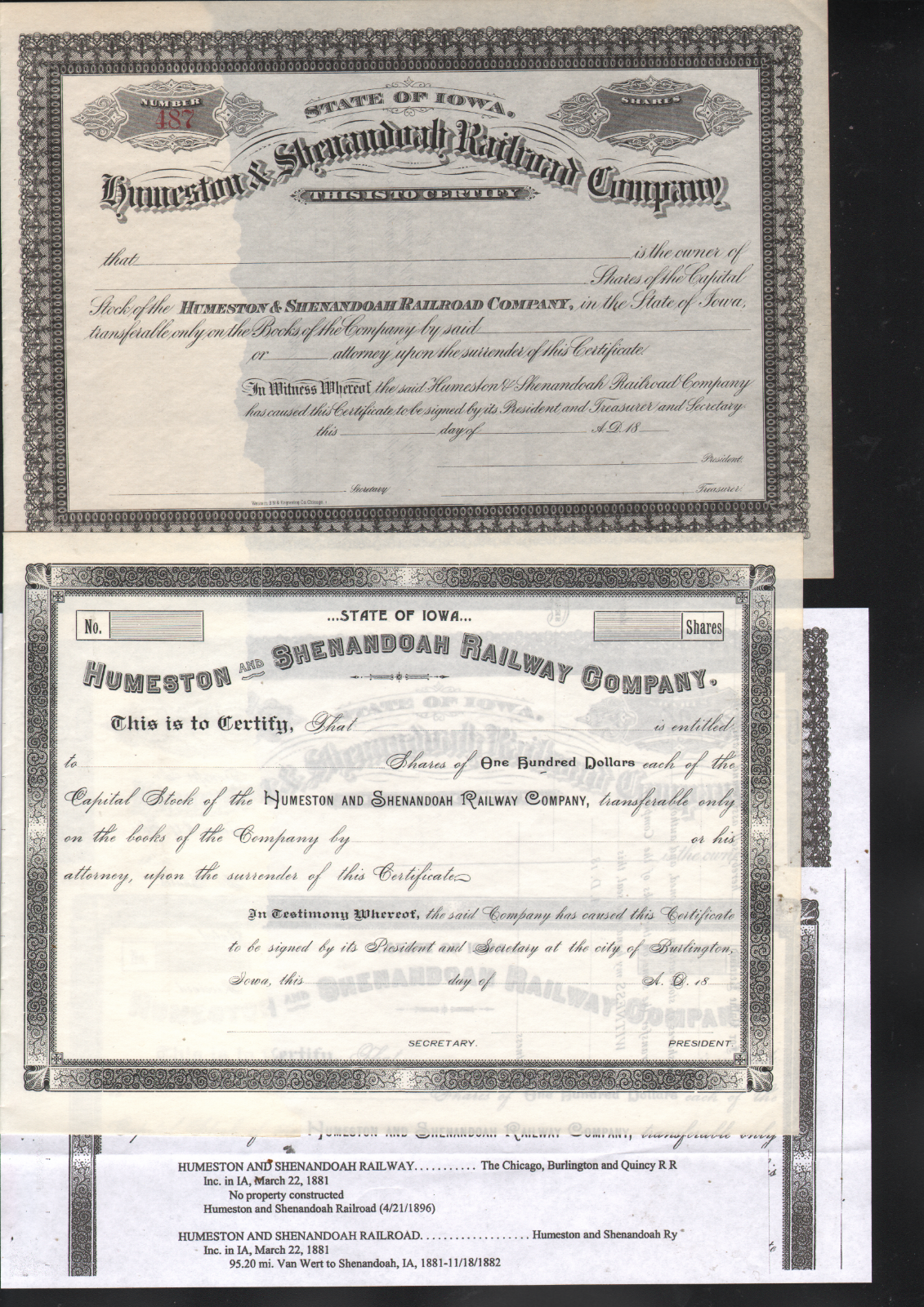 Huneston & Shenandoah RR Iowa 95+ Miles A.C.B.& Q. RR Co 2 STKs