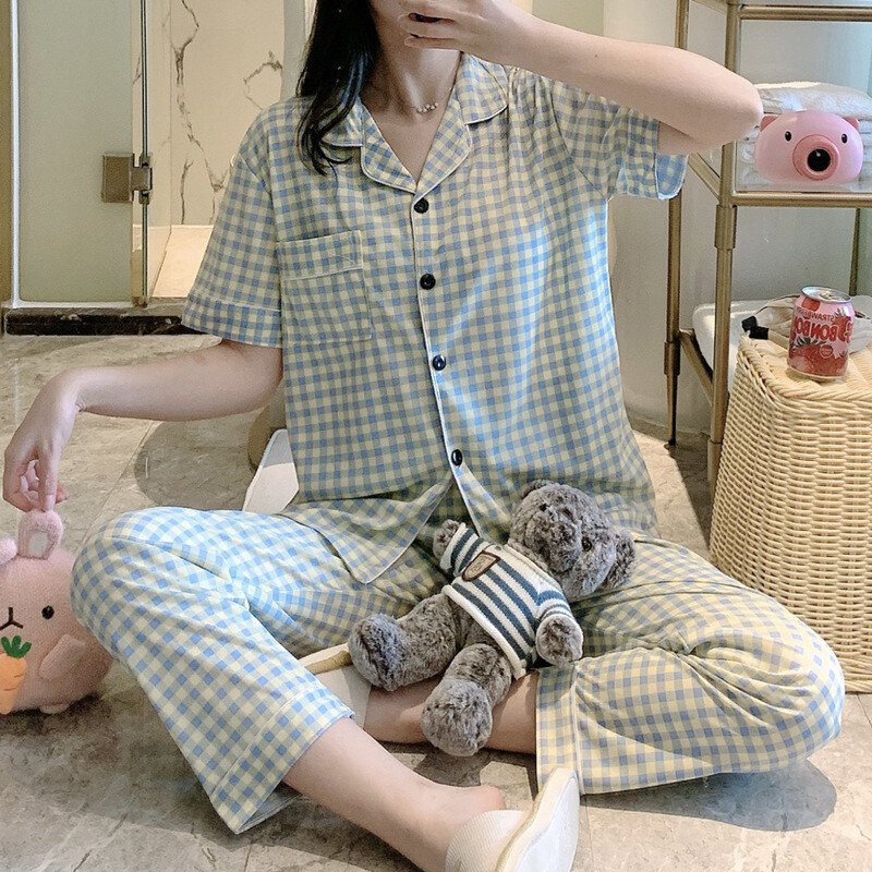 Women's Pajamas Short Sleeve Long Pants Plaid Cardigan Lapel Home Clothes Set