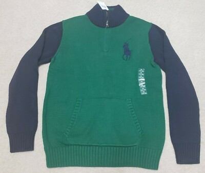 NWT-Boy's Ralph Lauren Navy/Green Blue Quarter Zip Cotton Sweater, XLarge 18-20