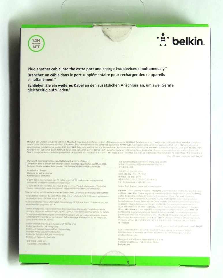 Belkin - Cargador de Coche Universal Boost Up USB con Cable Micro USB - Negro/Verde Foto 2 de 3