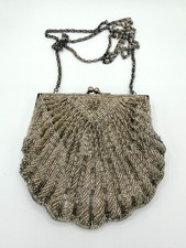 VTG La Regale Silver Beaded Scallop Shell Evening Bag  Art Deco Clutch W/Chain