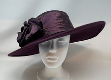 VTG Miss Bierner Wool Wide Brim Hat Purple Sequin Ruched Satin Crown Floral Bow