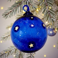 Handblown Art Glass Blue  White Stars Gold Fleck Christmas Ball Ornament 3"