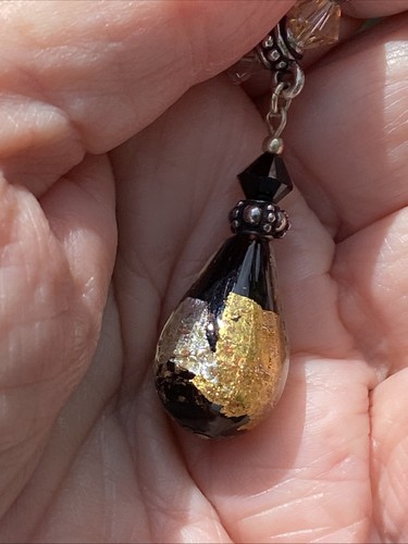 CLASP 925 SILVER GOLD AVENTURINE MURANO GLASS LAVALIERE CRYSTALS JET NECKLACE - Picture 5 of 12