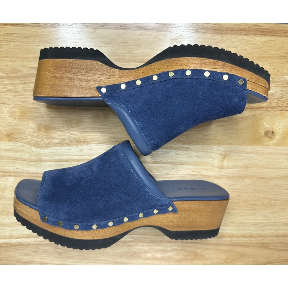 Sandalias M. Gemi Mujer Azul Gamuza Cuero Zueco Slide Plataforma Madera Tachonada 42 Foto 4 de 4