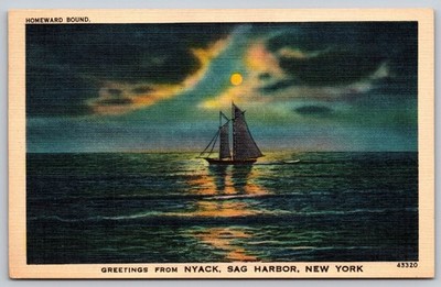 Homeward Bound Sailboat Moon NYACK SAG HARBOR New York Linen Postcard 1943 E179
