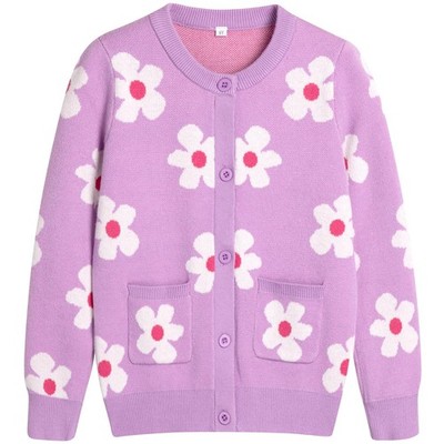 Girl Cardigan Long Sleeve Purple Floral Graphic Button Front Knitted Sweaters...