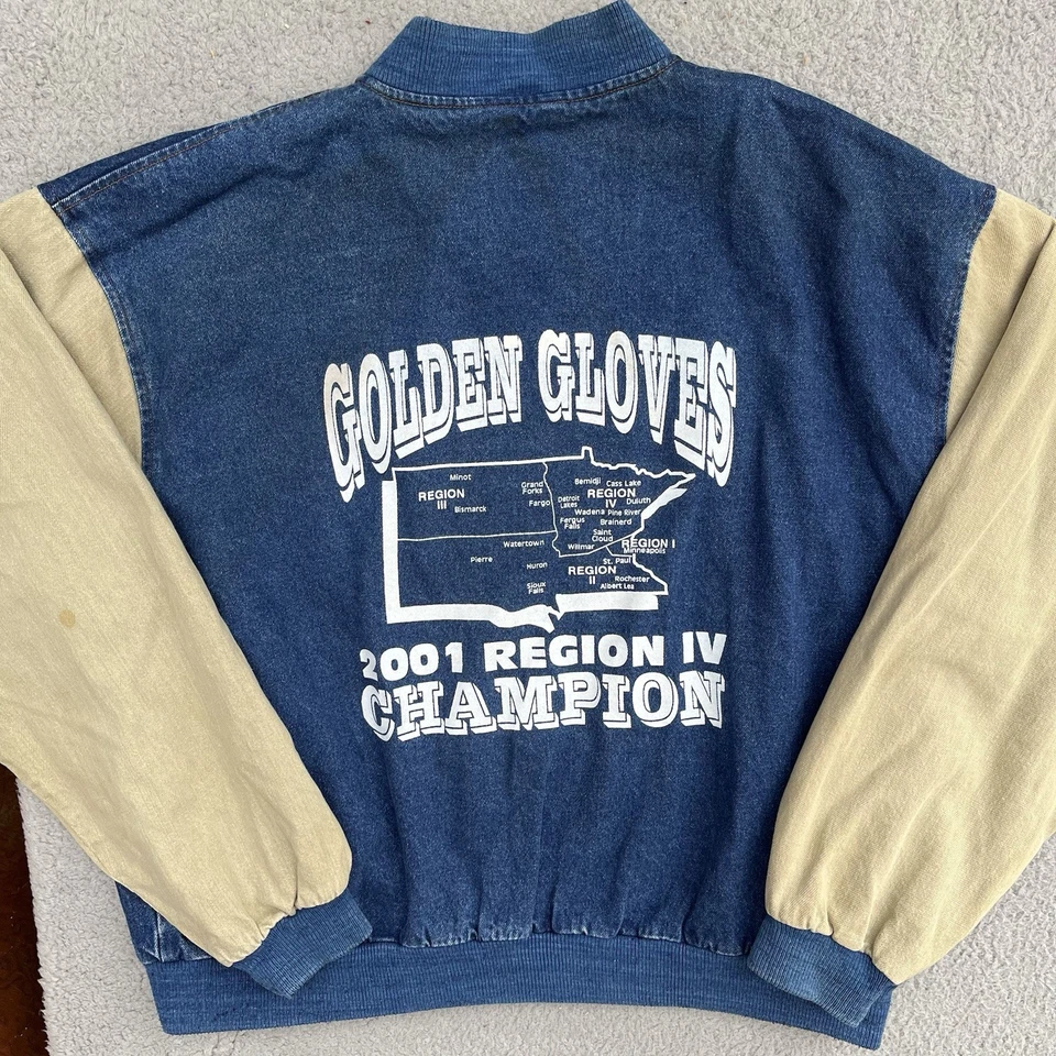 Chaqueta vaquera de boxeo guantes dorados vintage 2001 abrigo campeón botón a presión 2XL Foto 2 de 4