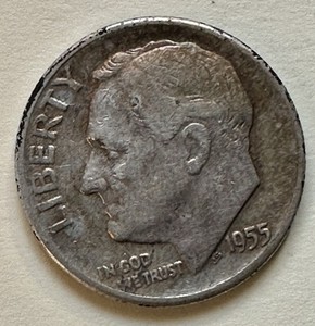 1955-D Roosevelt Dime. 90% Silver. VF+ Condition. Charity Auction/Animal Rescue.