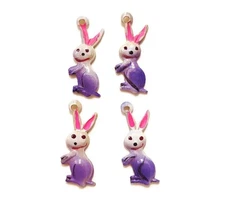 12 VINTAGE HAND PAINTED PURPLE WHITE BUNNY RABBIT GOLD PLATED BEAD CHARMS 5383