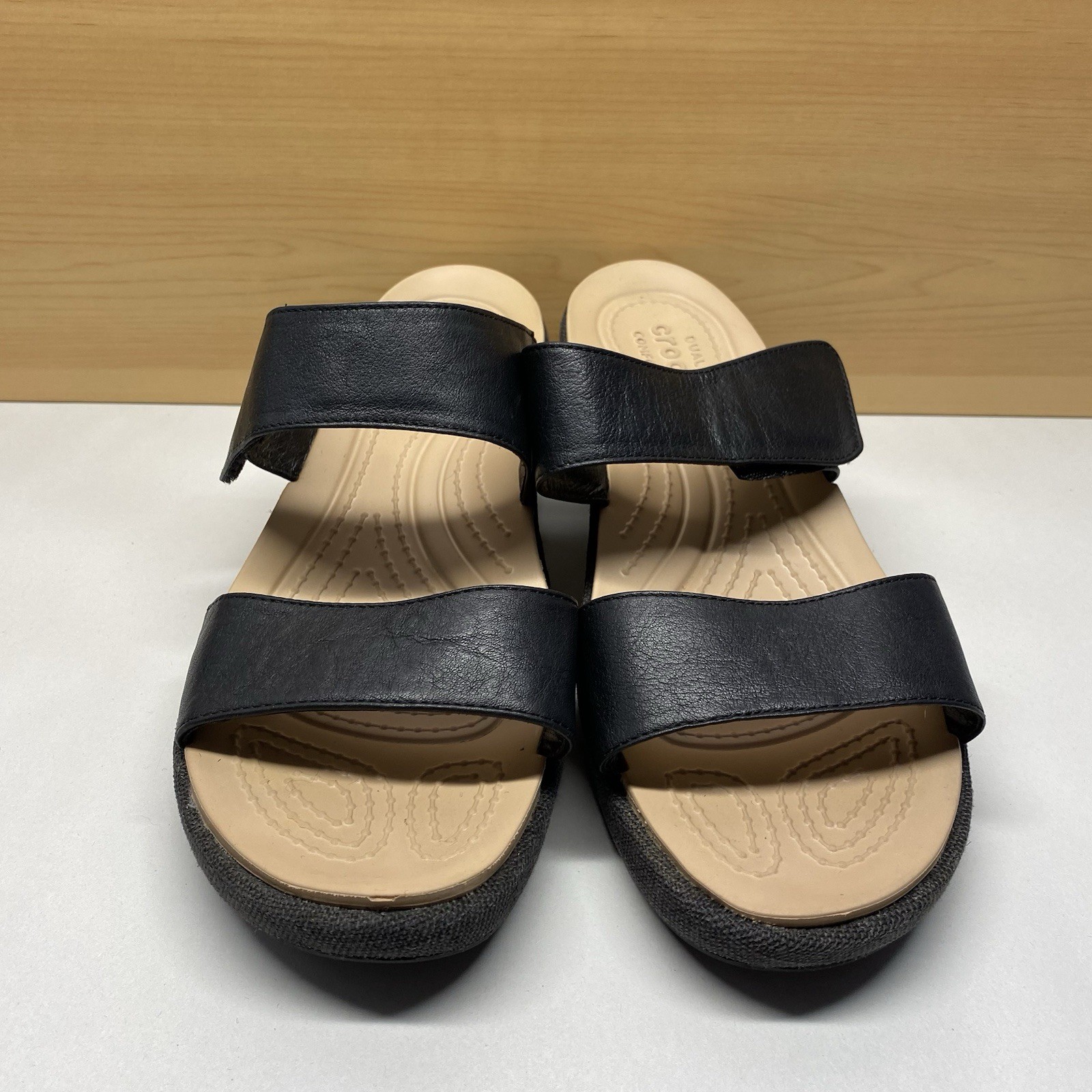 APL Sandali Crocs donna taglia 11 neri A Leigh II 2 zeppe doppio cinturino comodi