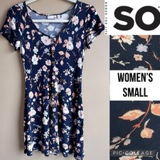 SO Womens Dress Navy Floral Button Down Waffle Knit Tee Short Sleeve Scoopneck S