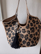 Raffia tan straw boho large beach bag tote black floral print seashell chain cha